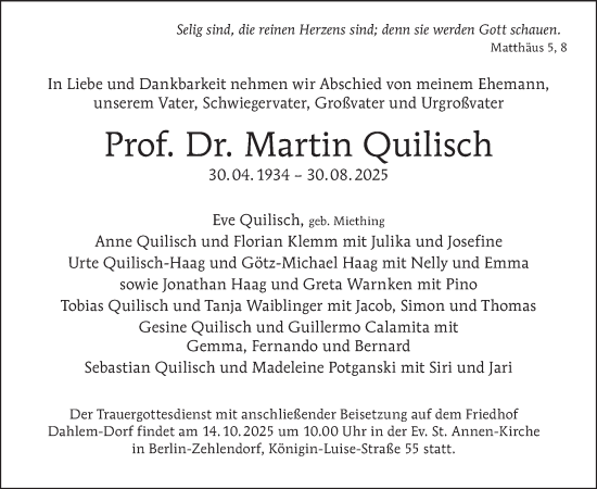 Traueranzeige von Martin Quilisch von Tagesspiegel