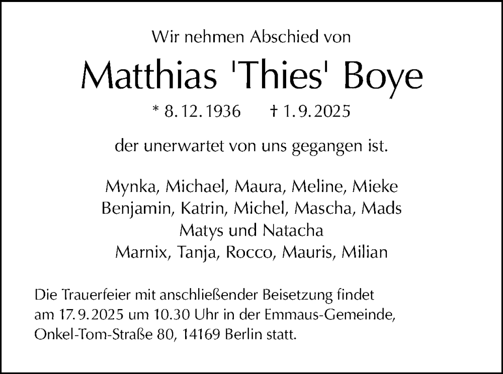  Traueranzeige für Matthias Boye vom 06.09.2025 aus Tagesspiegel