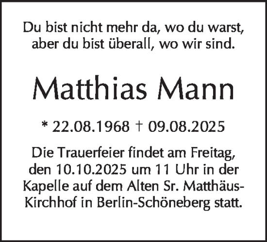 Traueranzeige von Matthias Mann von Tagesspiegel