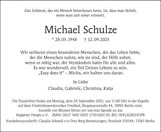 Traueranzeige von Michael Schulze von Tagesspiegel