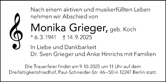 Traueranzeige von Monika Grieger von Tagesspiegel