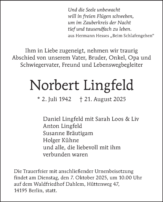 Traueranzeige von Norbert Lingfeld von Tagesspiegel