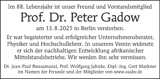 Traueranzeige von Peter Gadow von Tagesspiegel