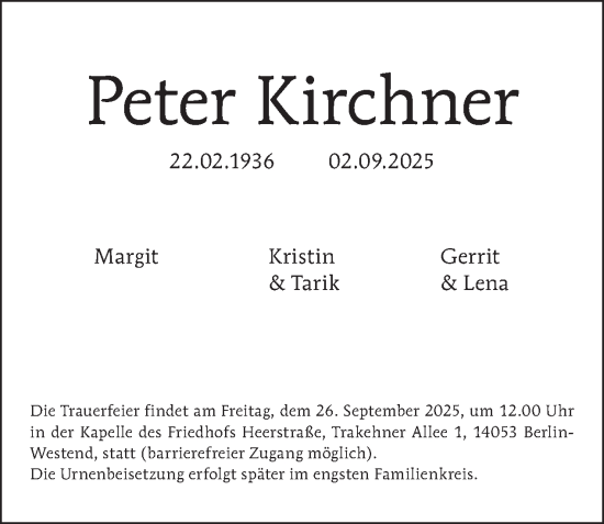 Traueranzeige von Peter Kirchner von Tagesspiegel