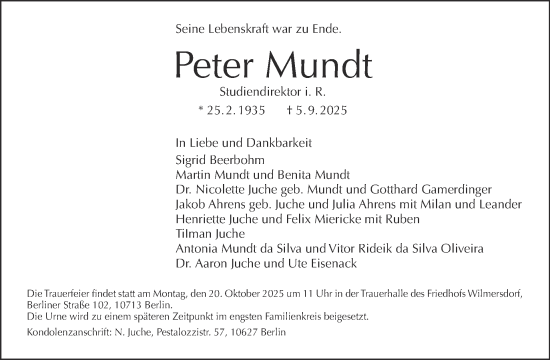 Traueranzeige von Peter Mundt von Tagesspiegel