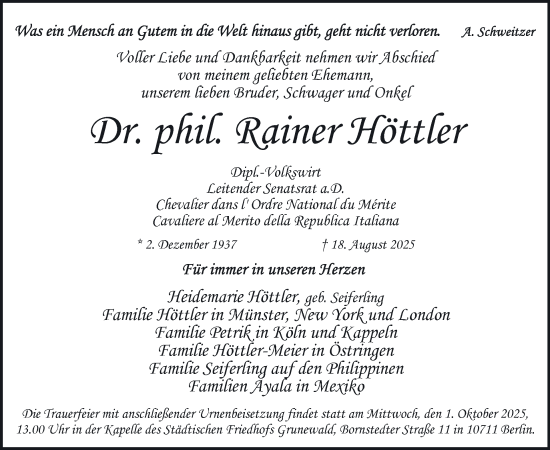 Traueranzeige von Rainer Höttler von Tagesspiegel