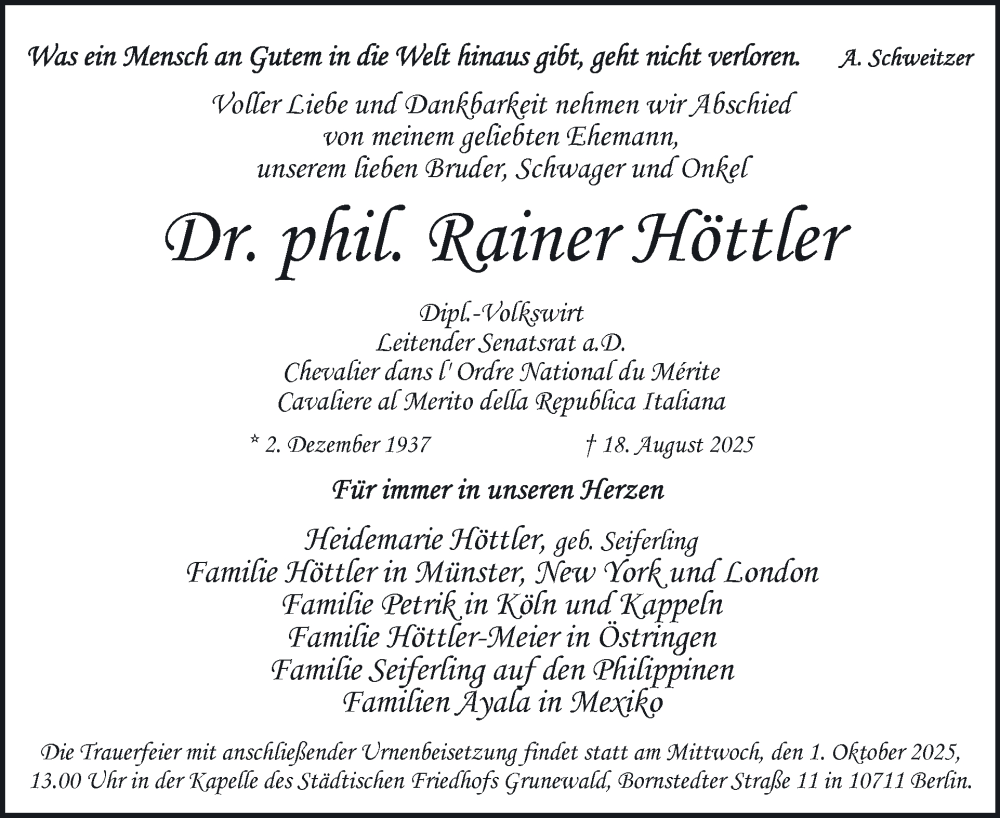  Traueranzeige für Rainer Höttler vom 13.09.2025 aus Tagesspiegel