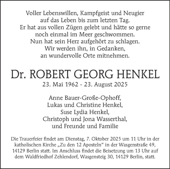 Traueranzeige von Robert Georg Henkel von Tagesspiegel
