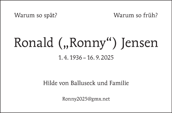 Traueranzeige von Ronald Jensen von Tagesspiegel