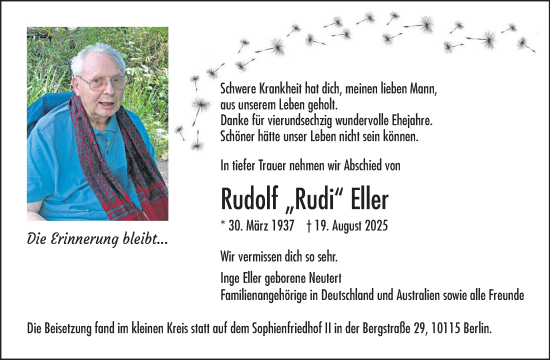 Traueranzeige von Rudolf Eller von Tagesspiegel