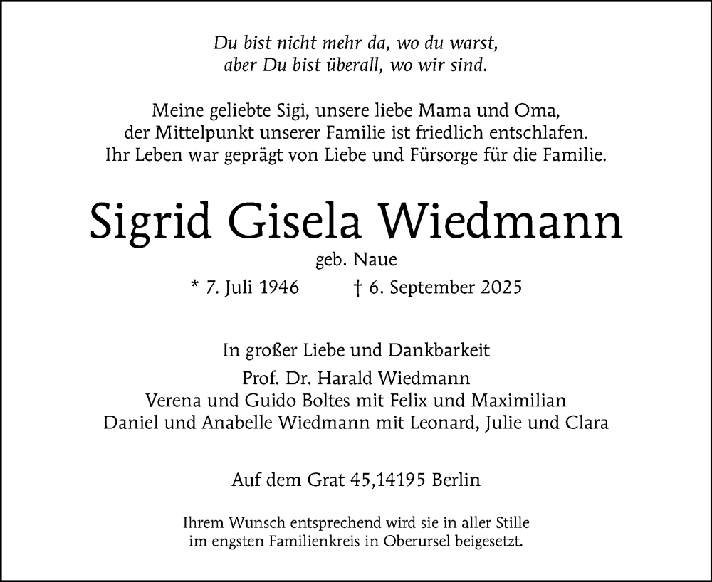  Traueranzeige für Sigrid Gisela Wiedmann vom 20.09.2025 aus Tagesspiegel