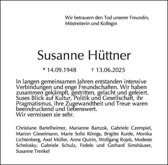 Traueranzeige von Susanne Hüttner von Tagesspiegel