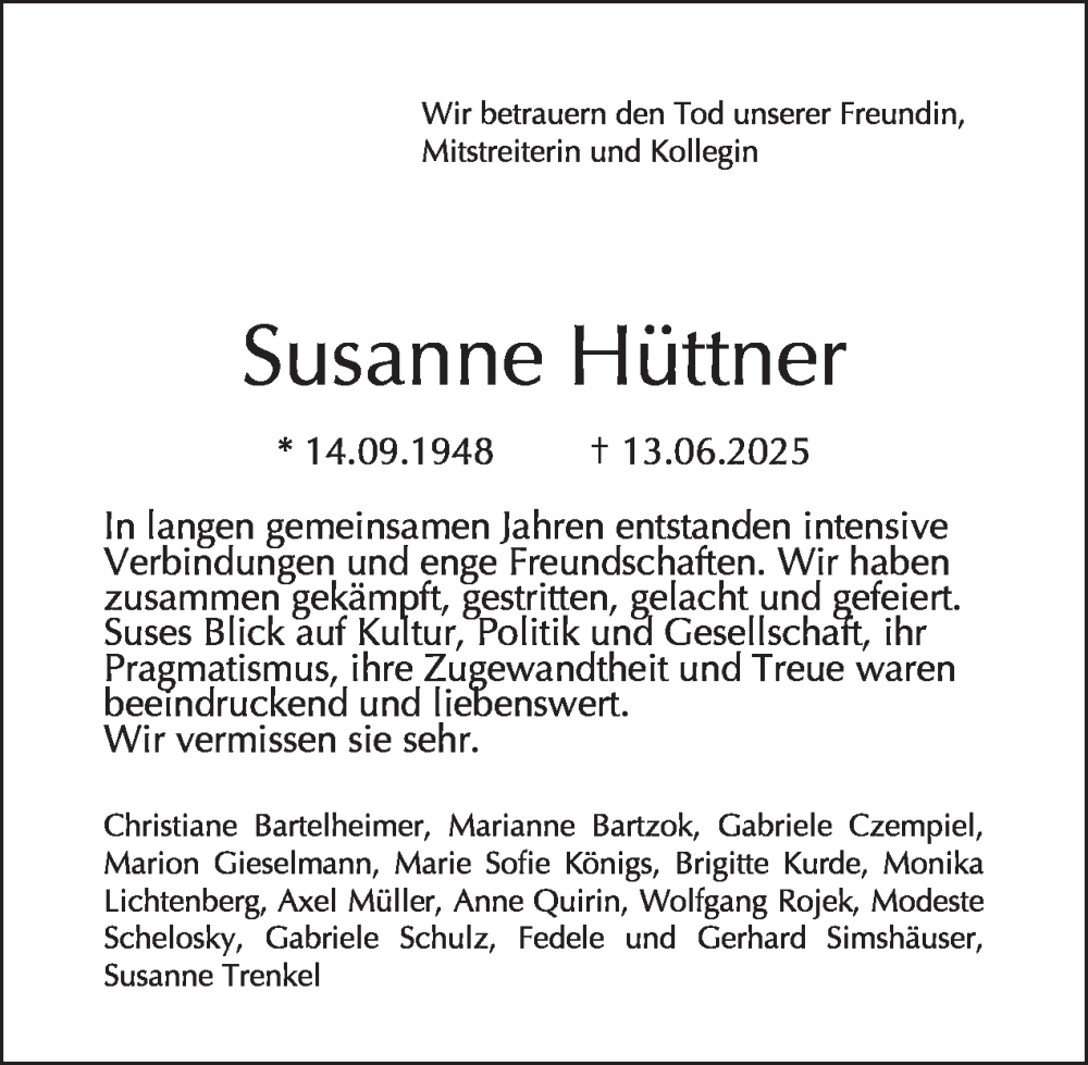  Traueranzeige für Susanne Hüttner vom 13.09.2025 aus Tagesspiegel