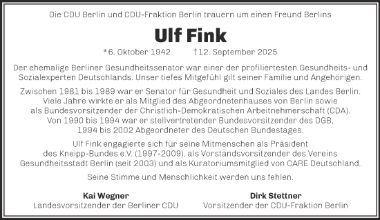 Traueranzeige von Ulf Fink von Tagesspiegel