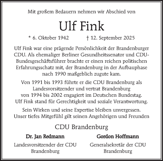 Traueranzeige von Ulf Fink von Tagesspiegel