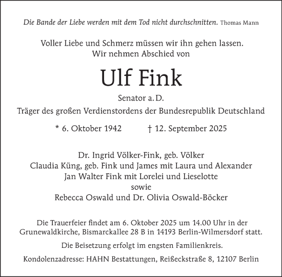 Traueranzeige von Ulf Fink von Tagesspiegel