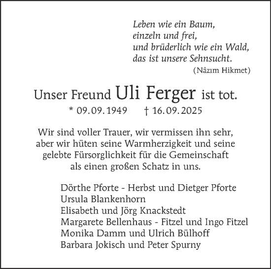 Traueranzeige von Uli Ferger von Tagesspiegel