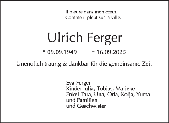 Traueranzeige von Ulrich Ferger von Tagesspiegel