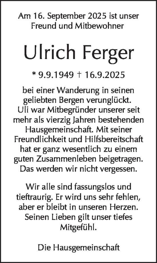 Traueranzeige von Ulrich Ferger von Tagesspiegel