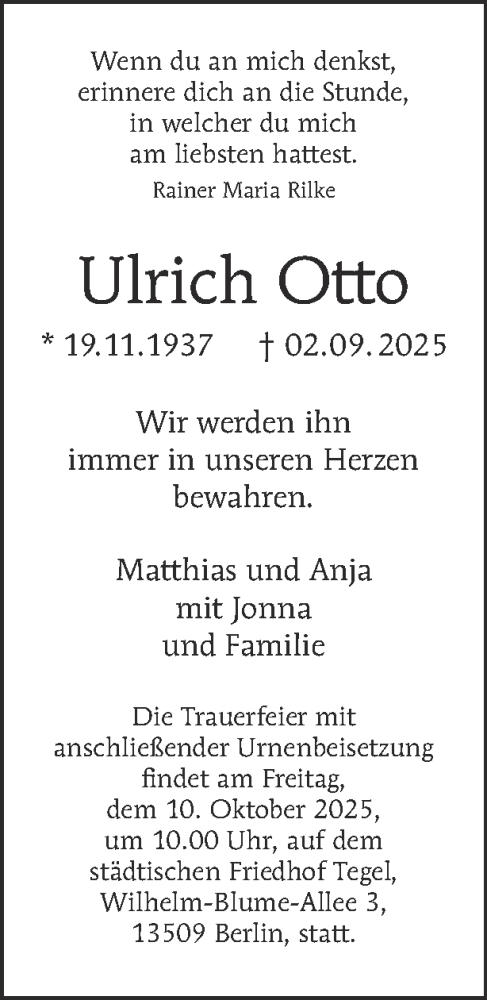 Traueranzeige von Ulrich Otto von Tagesspiegel