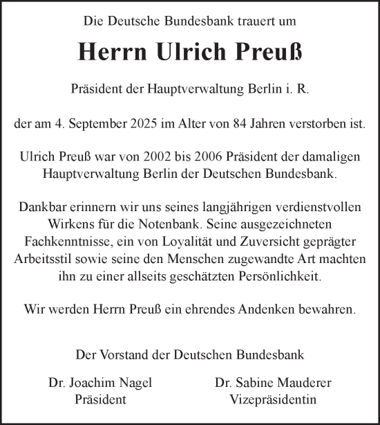 Traueranzeige von Ulrich Preuß von Tagesspiegel