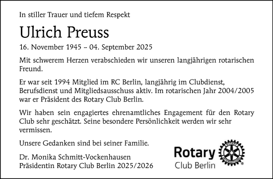 Traueranzeige von Ulrich Preuß von Tagesspiegel