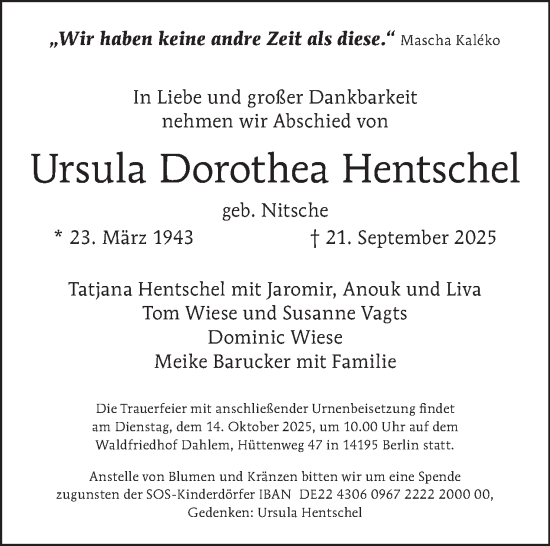Traueranzeige von Ursula Dorothea Hentschel von Tagesspiegel