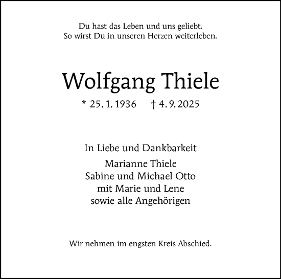Traueranzeige von Wolfgang Thiele von Tagesspiegel