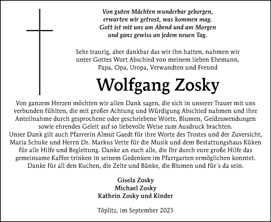 Traueranzeige von Wolfgang Zosky von Tagesspiegel
