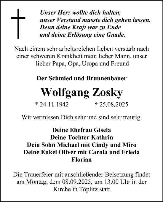 Traueranzeige von Wolfgang Zosky von Tagesspiegel