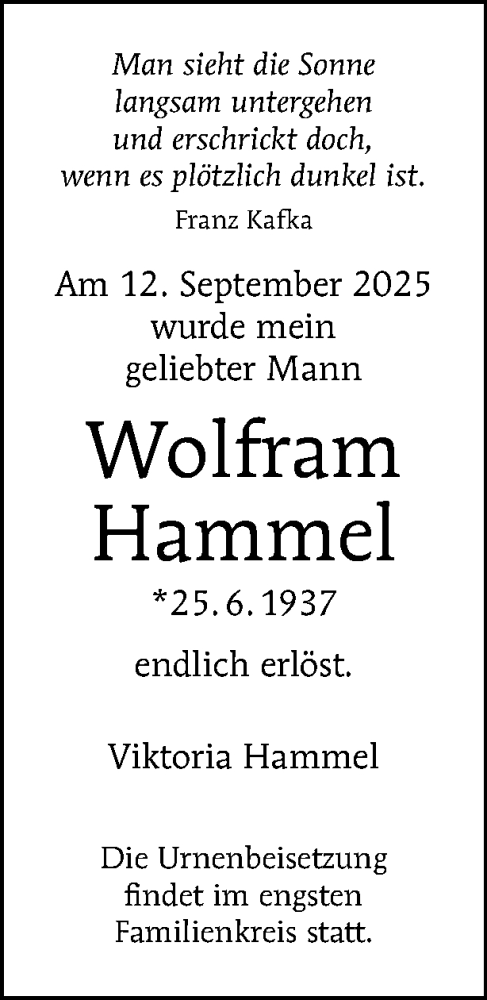 Traueranzeige von Wolfram Hammel von Tagesspiegel