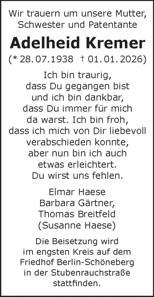  Traueranzeige für Adelheid Kremer vom 10.01.2026 aus Tagesspiegel
