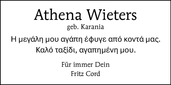 Traueranzeige von Athena Wieters von Tagesspiegel