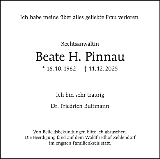 Traueranzeige von Beate H. Pinnau von Tagesspiegel