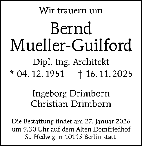 Traueranzeige von Bernd Mueller-Guilford von Tagesspiegel