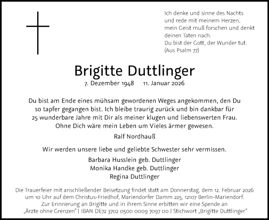 Traueranzeige von Brigitte Duttlinger von Tagesspiegel