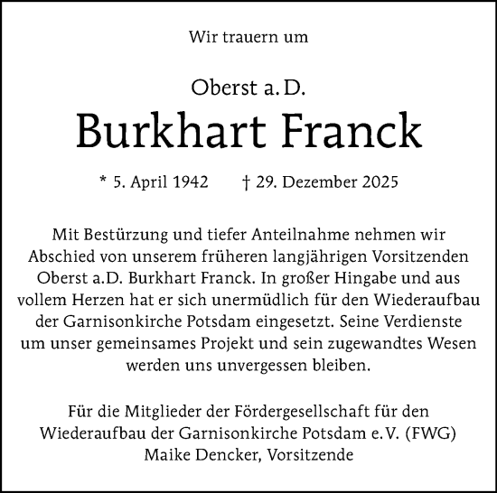 Traueranzeige von Burkhart Franck von Tagesspiegel