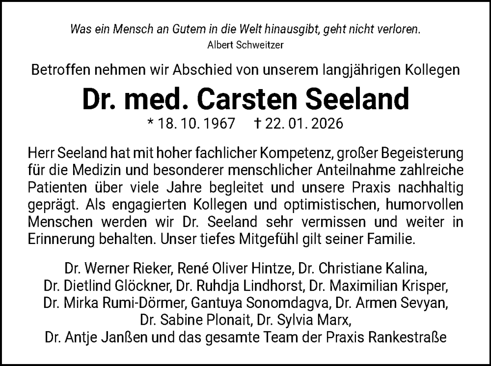 Traueranzeige für Carsten Seeland vom 31.01.2026 aus Tagesspiegel