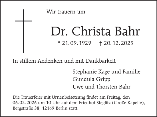 Traueranzeige von Christa Bahr von Tagesspiegel