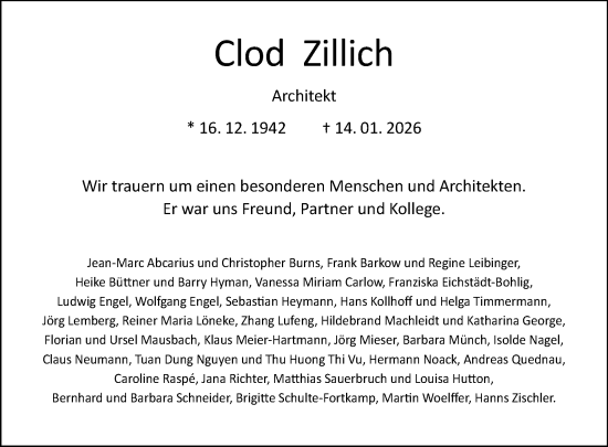 Traueranzeige von Clod Zillich von Tagesspiegel