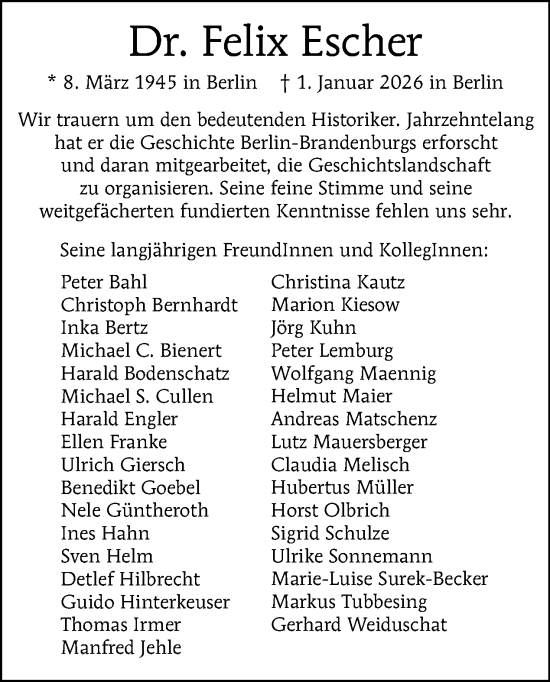 Traueranzeige von Felix Escher von Tagesspiegel