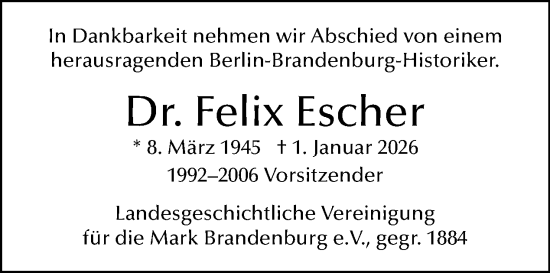 Traueranzeige von Felix Escher von Tagesspiegel