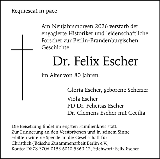 Traueranzeige von Felix Escher von Tagesspiegel