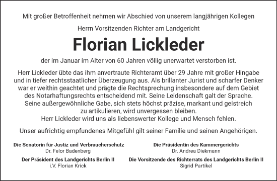 Traueranzeige von Florian Lickleder von Tagesspiegel