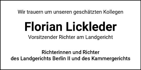 Traueranzeige von Florian Lickleder von Tagesspiegel