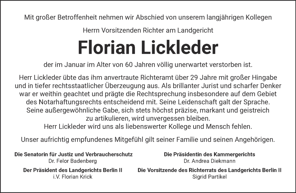  Traueranzeige für Florian Lickleder vom 31.01.2026 aus Tagesspiegel