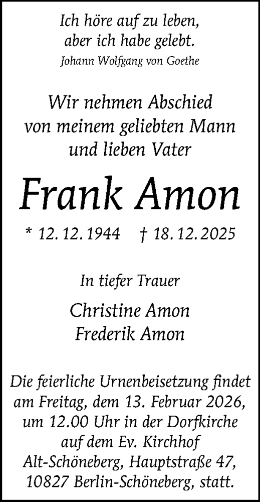  Traueranzeige für Frank Amon vom 24.01.2026 aus Tagesspiegel
