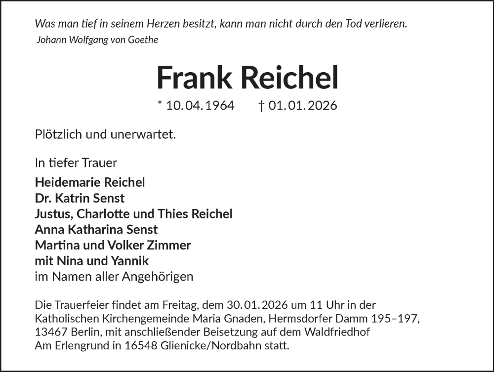  Traueranzeige für Frank Reichel vom 17.01.2026 aus Tagesspiegel