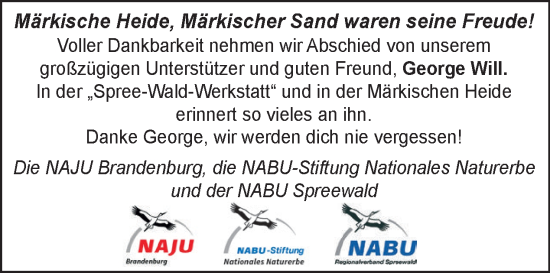 Traueranzeige von George Will von Tagesspiegel