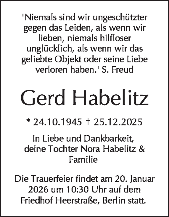 Traueranzeige von Gerd Habelitz von Tagesspiegel